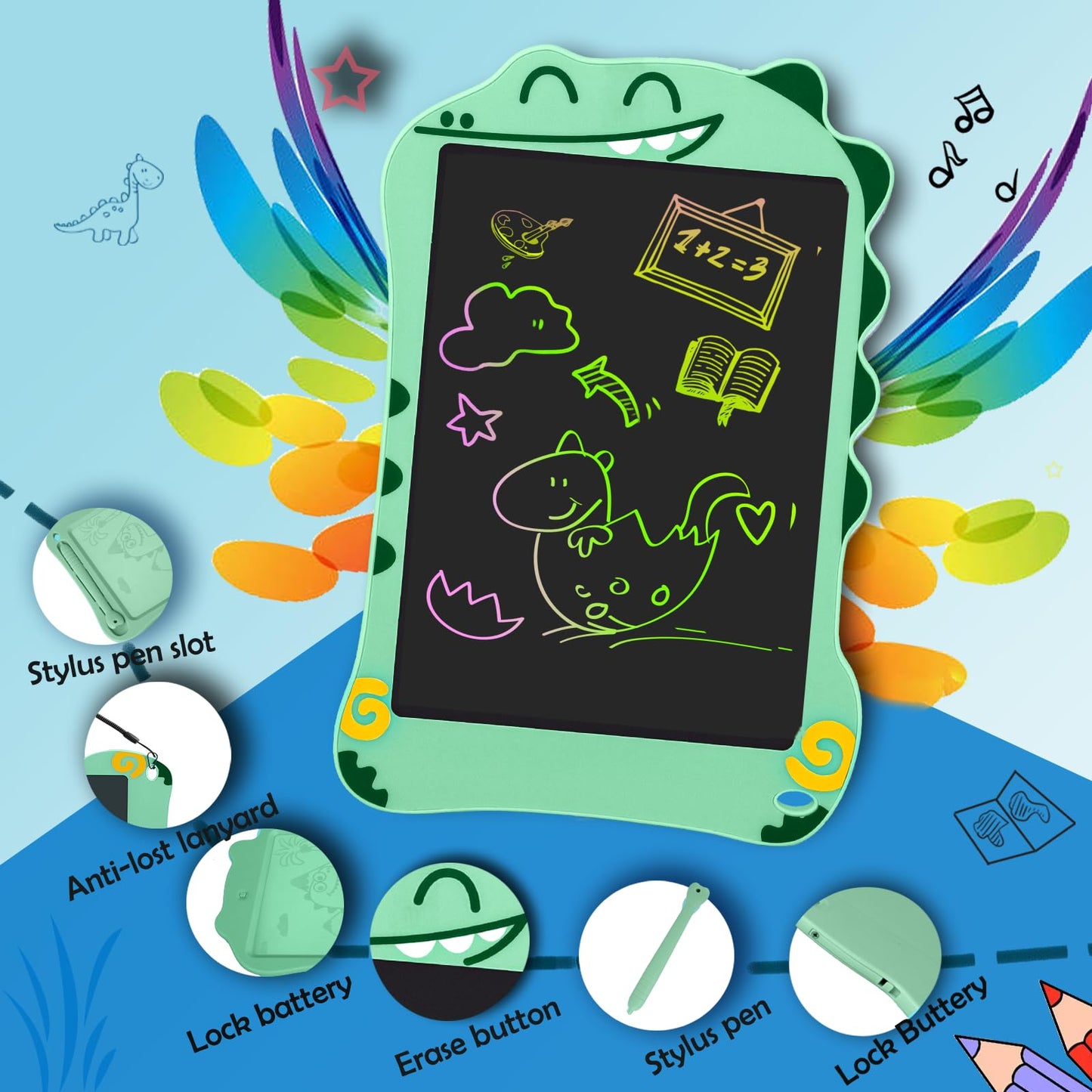 Decute LCD Doodle Board Dinosaur - 8.5-Inch Kids Writing Tablet, Colorful Drawing Pad, Educational Toy Gift (Green)