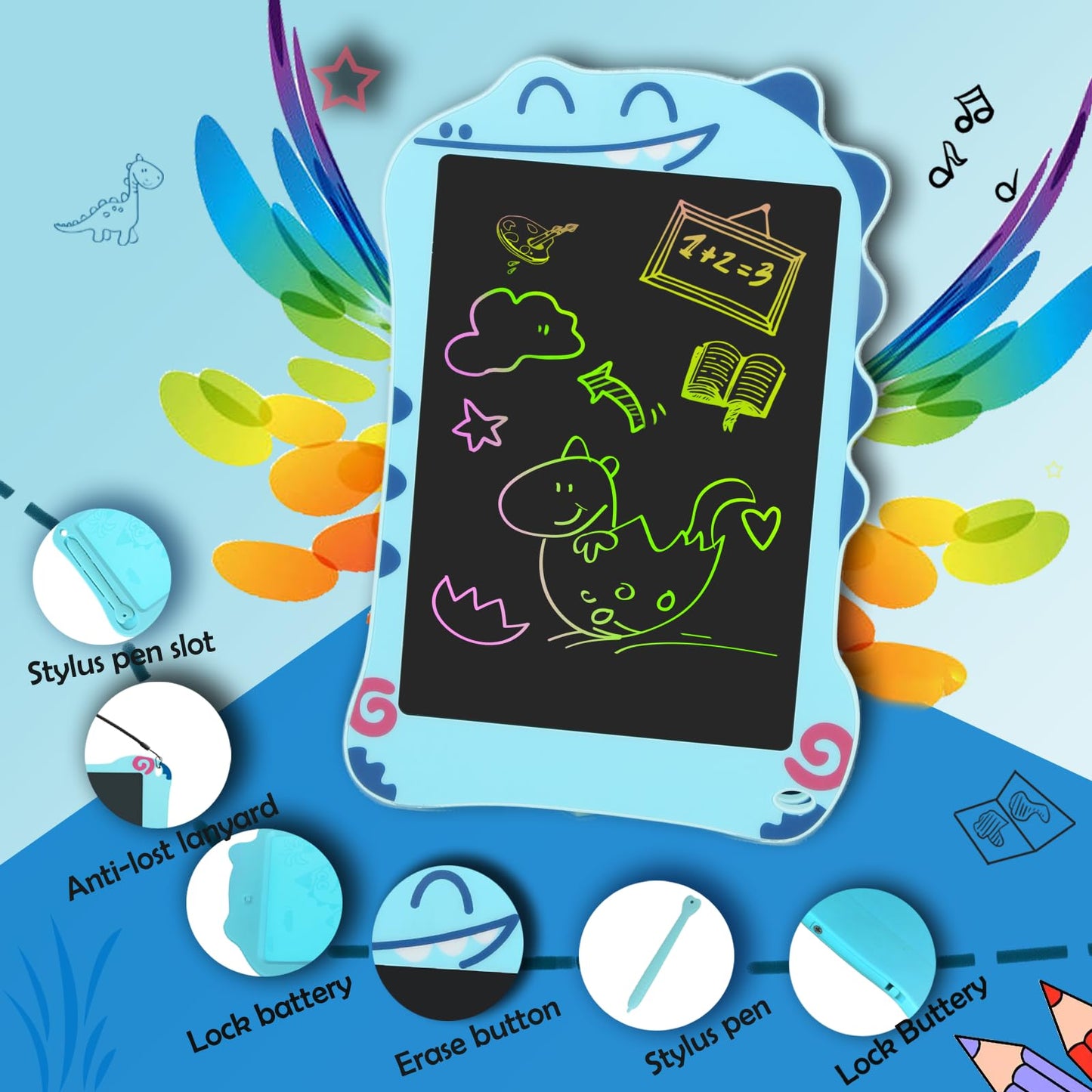Decute LCD Writing Tablet Dinosaur Doodle Pad – 8.5in Colorful Educational Toy for Boys