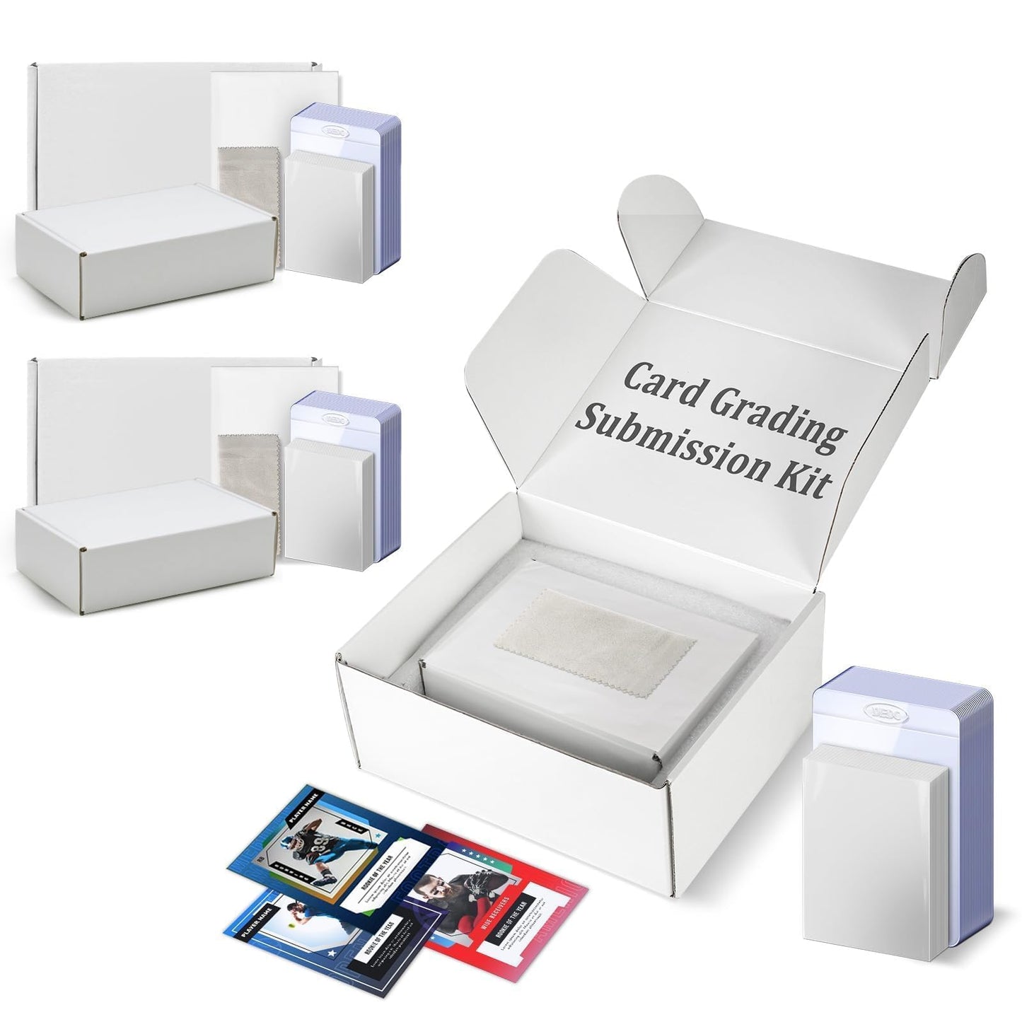 DEDC Card Grading Submission Kit – 3 Pack with 75 Semi-Rigid Holders, 150 Penny Sleeves, 3 Shipping Labels & Wiping Cloths