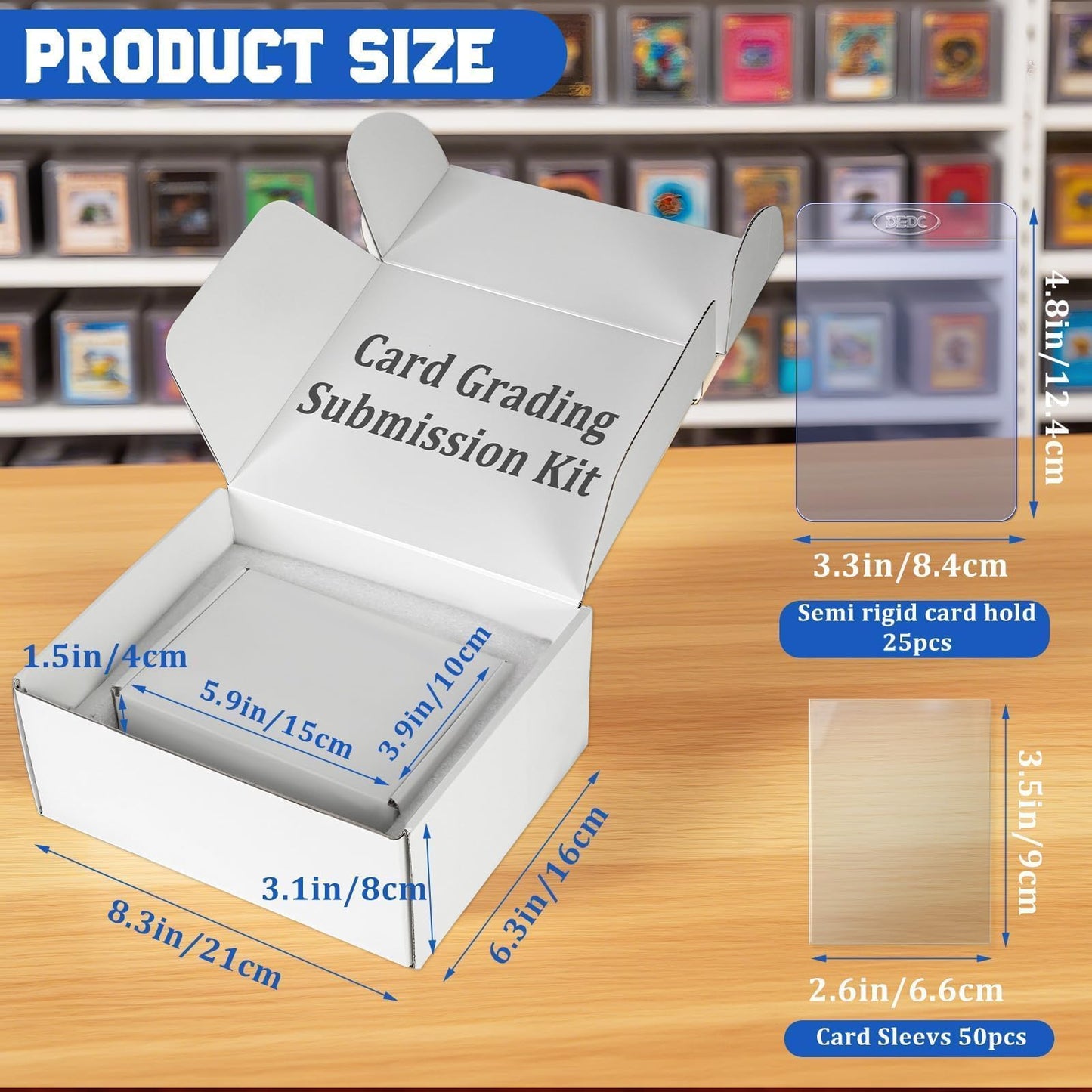 DEDC Card Grading Submission Kit – 3 Pack with 75 Semi-Rigid Holders, 150 Penny Sleeves, 3 Shipping Labels & Wiping Cloths