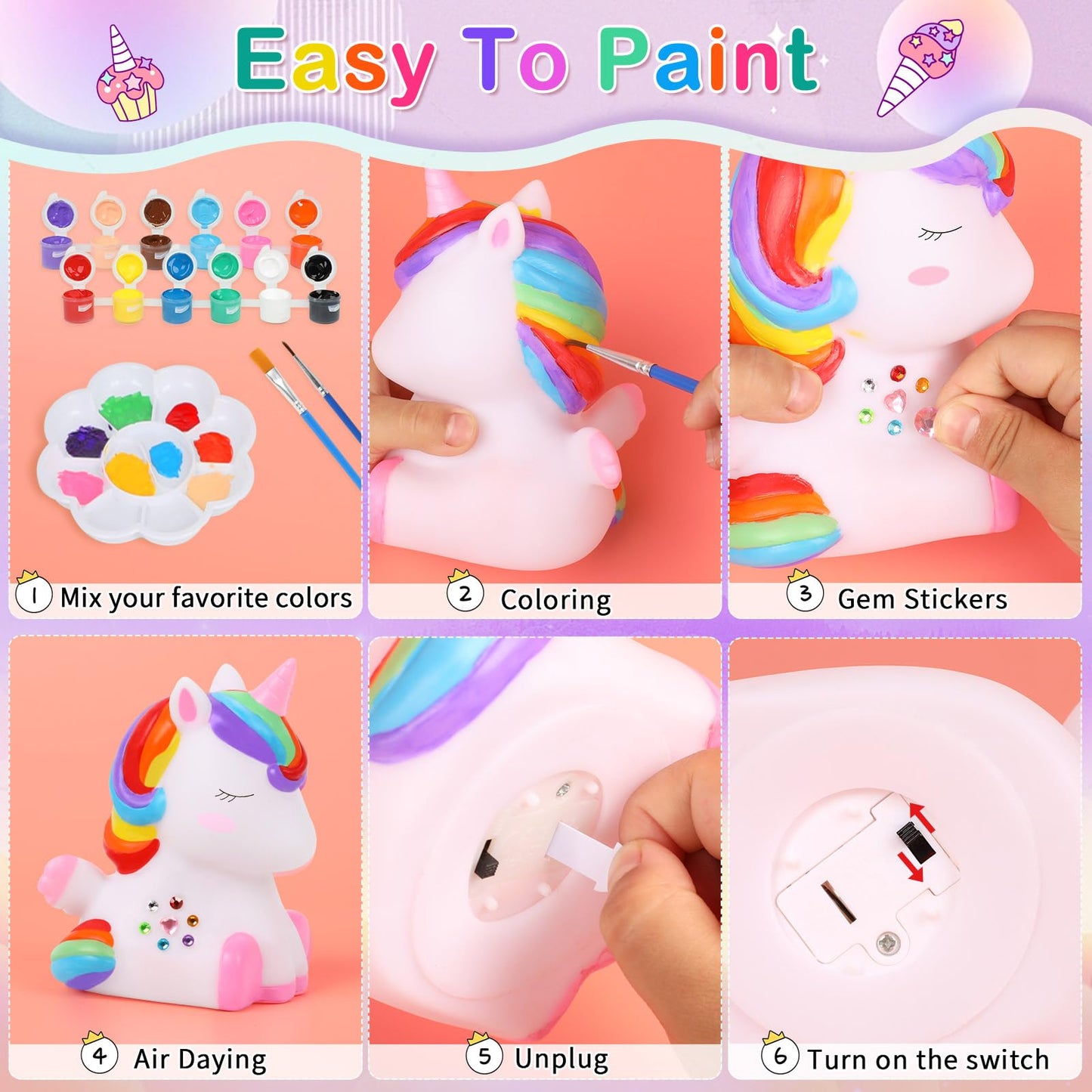 dededa Paint Your Own Unicorn Night Light Kit – 2pc DIY Craft for Kids 4-12