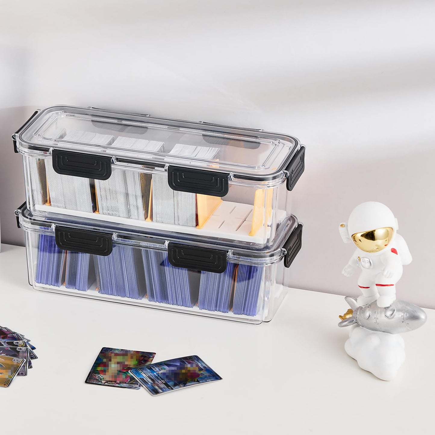DEEIF Toploader Storage Box 2-Pack – 5 Dividers, Clear Card Case for 165 Toploaders / 650 Cards