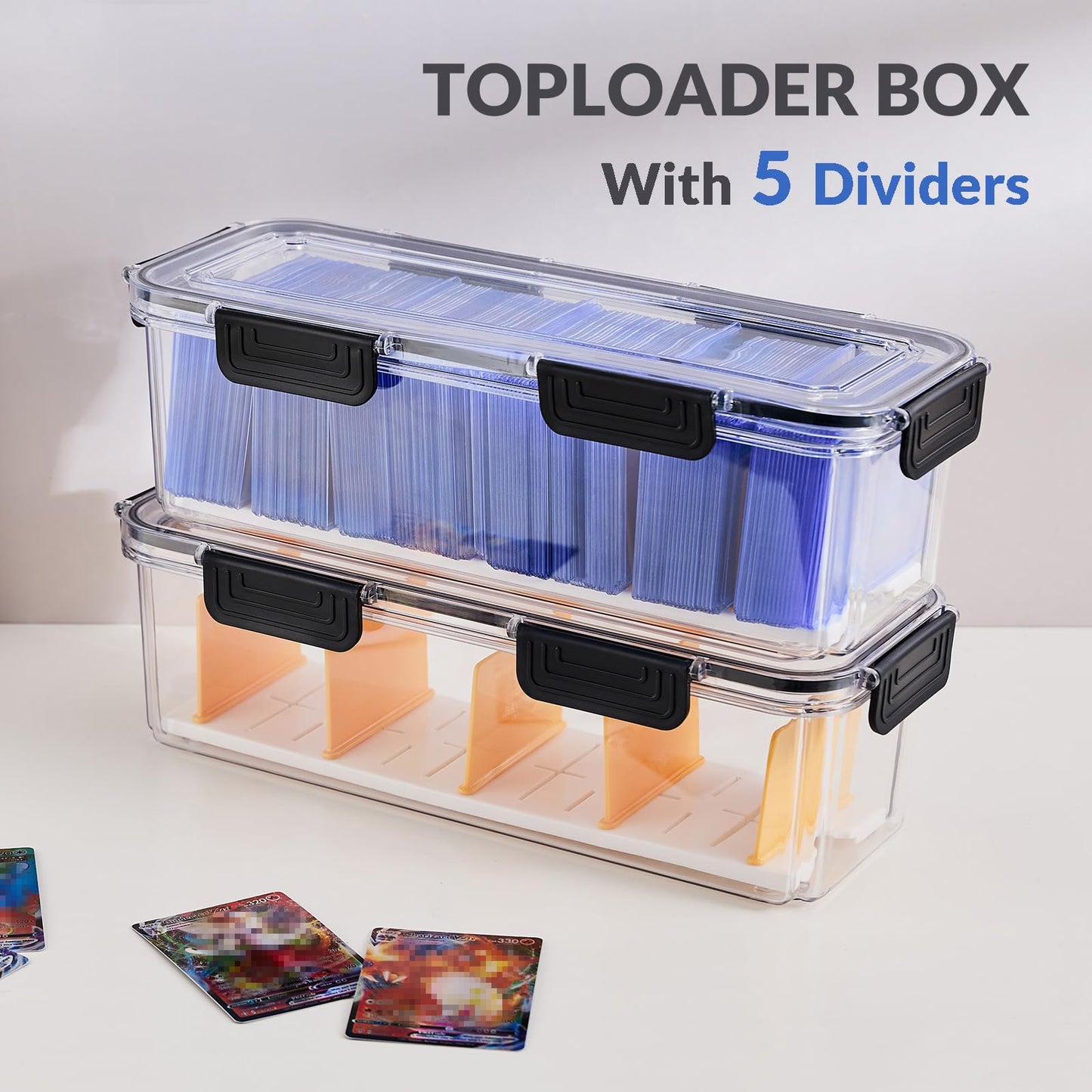DEEIF Toploader Storage Box 2-Pack – 5 Dividers, Clear Card Case for 165 Toploaders / 650 Cards