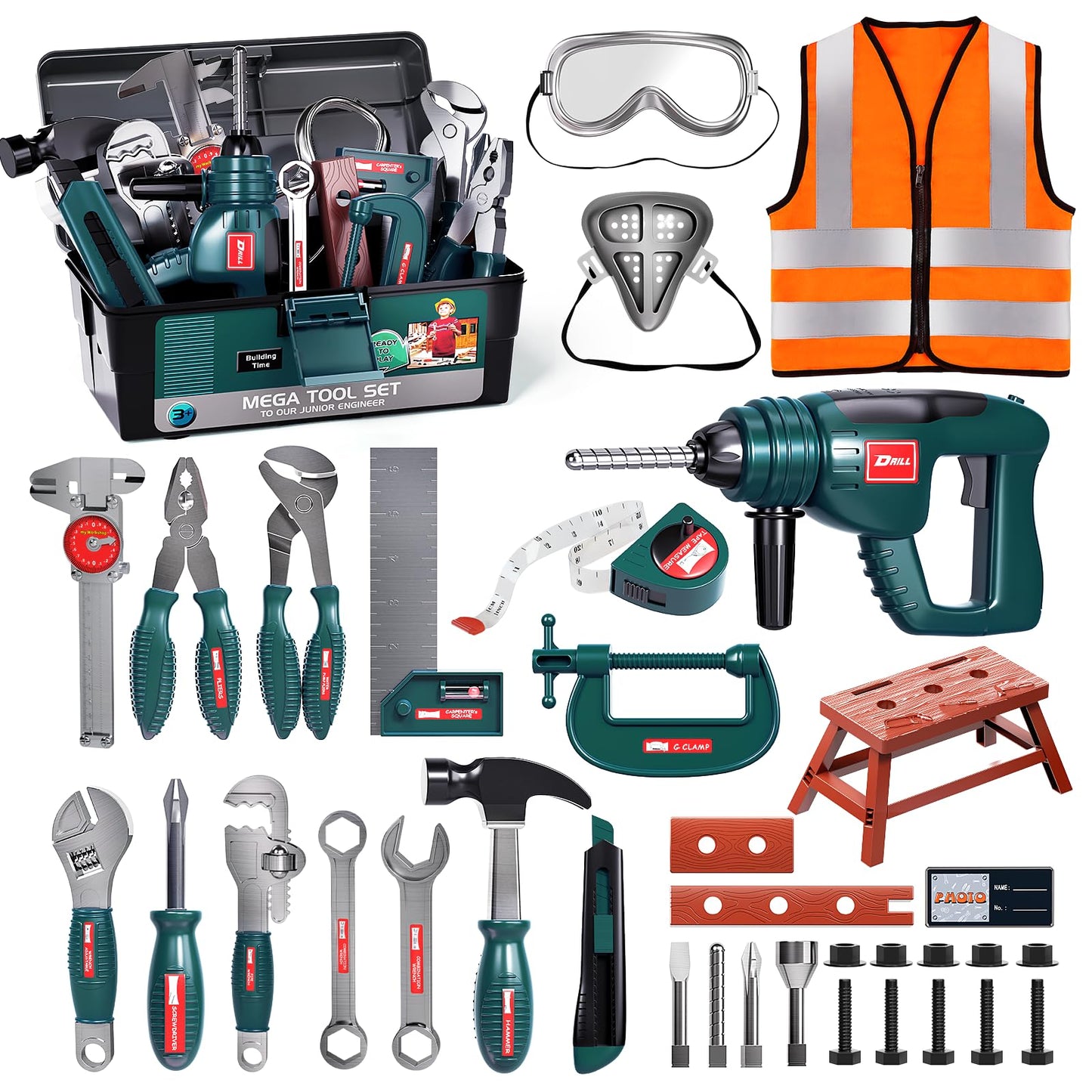 Deejoy Tool Set with Box & Electronic Drill (Green) — Pretend Play Kit for Kids 3-5