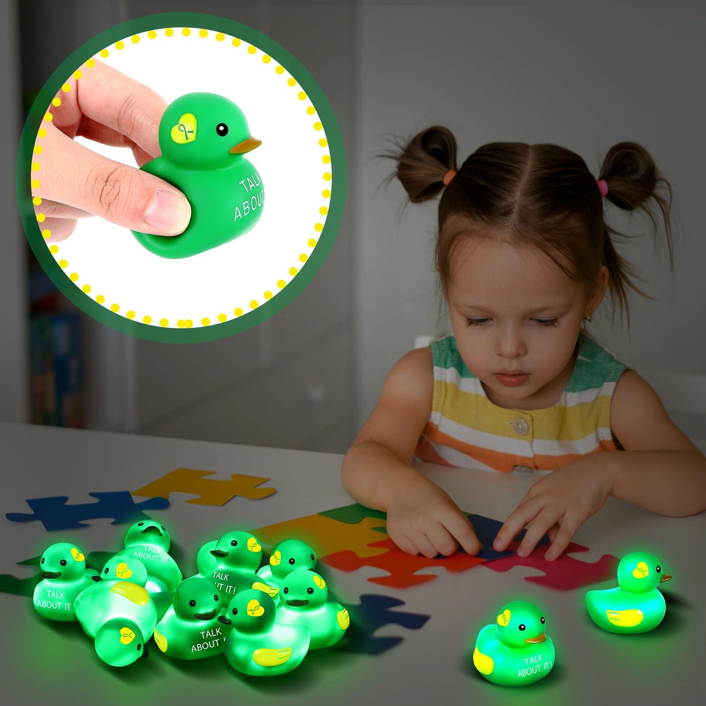 Deekin 100 LED Mental Health Rubber Ducks – 2'' Green Ribbon Glow for Fundraisers