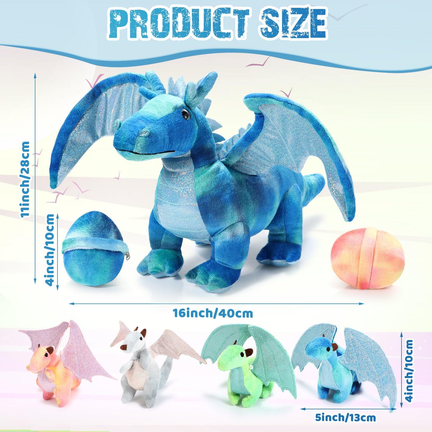 Deekin 7-Piece Dragon Toy Set — 16-Inch Large Dragon Plush with 4 Baby Dragons & 2 Eggs