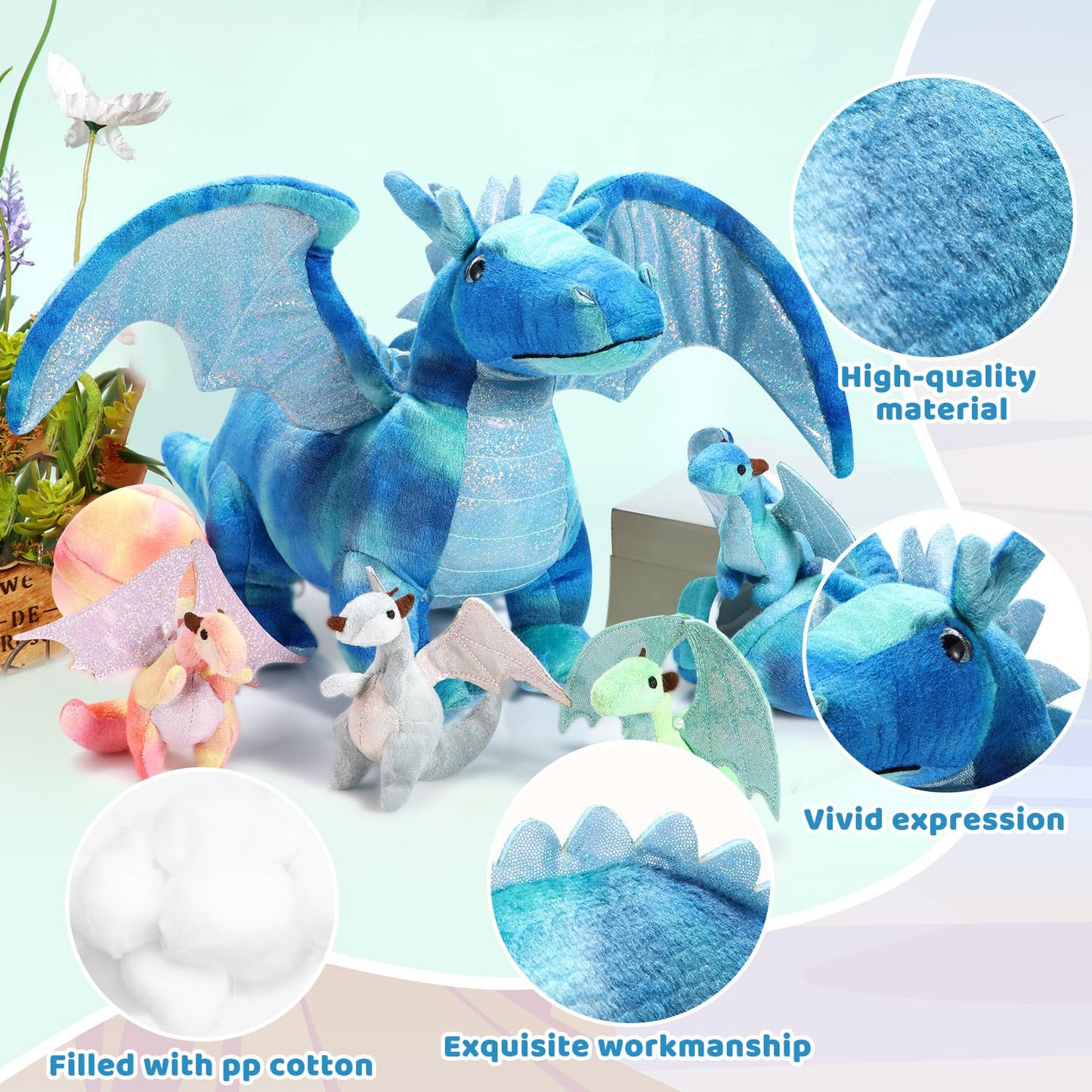 Deekin 7-Piece Dragon Toy Set — 16-Inch Large Dragon Plush with 4 Baby Dragons & 2 Eggs