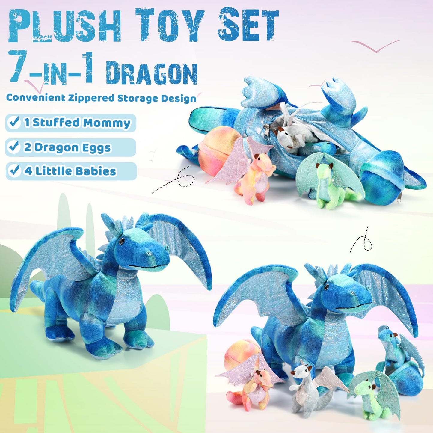 Deekin 7-Piece Dragon Toy Set — 16-Inch Large Dragon Plush with 4 Baby Dragons & 2 Eggs