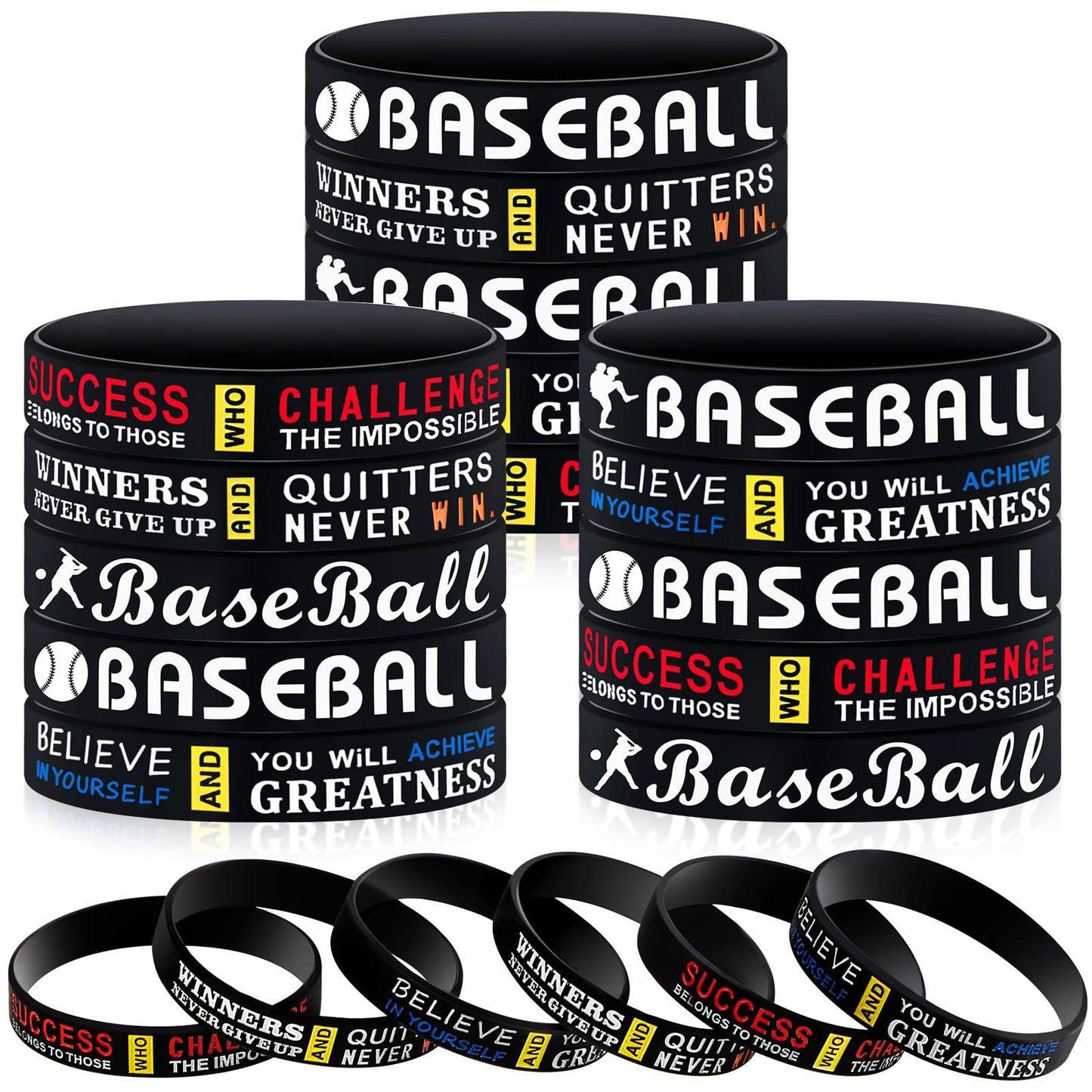 Deekin 36 Pcs Baseball Motivational Silicone Wristbands – 3 Styles for Team Spirit & Party Favors