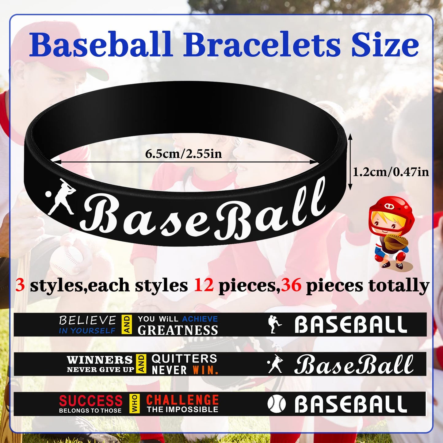 Deekin 36 Pcs Baseball Motivational Silicone Wristbands – 3 Styles for Team Spirit & Party Favors