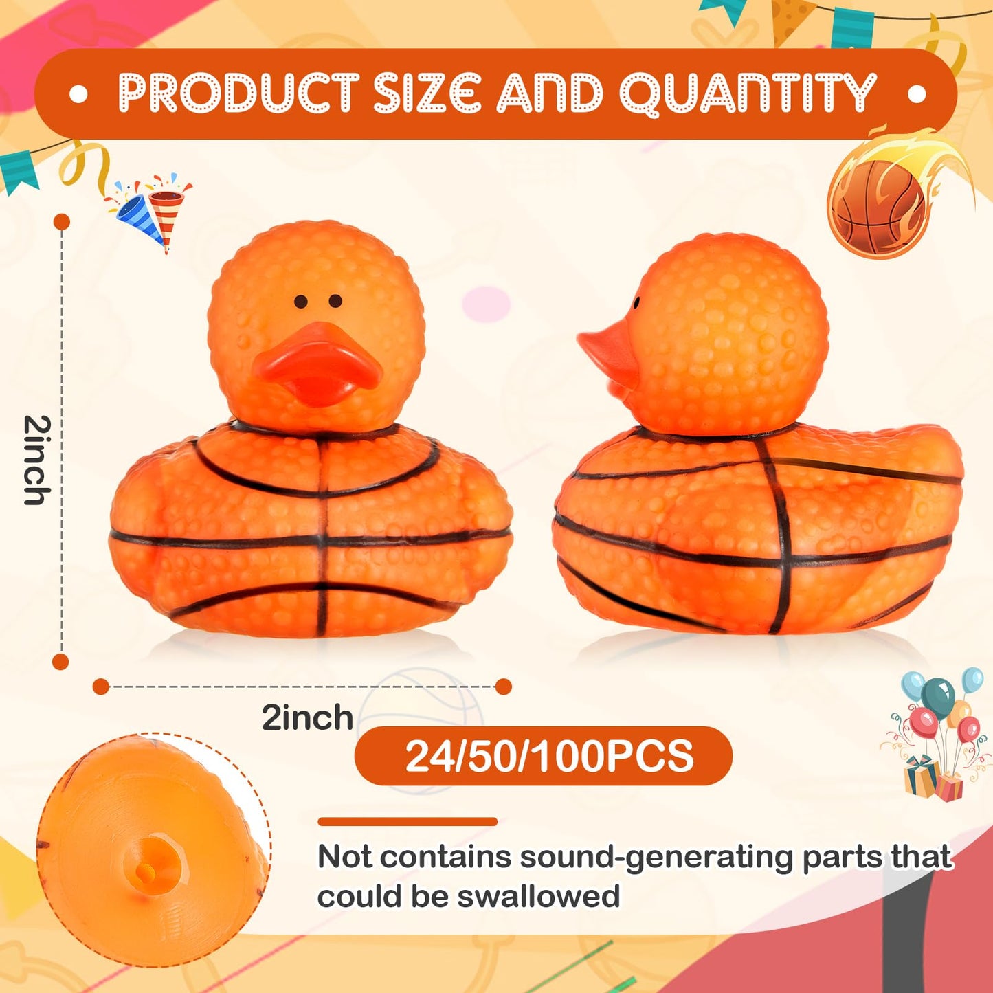 Deekin 2-Inch Basketball Rubber Ducks Bulk Party Favors (50 Pcs)