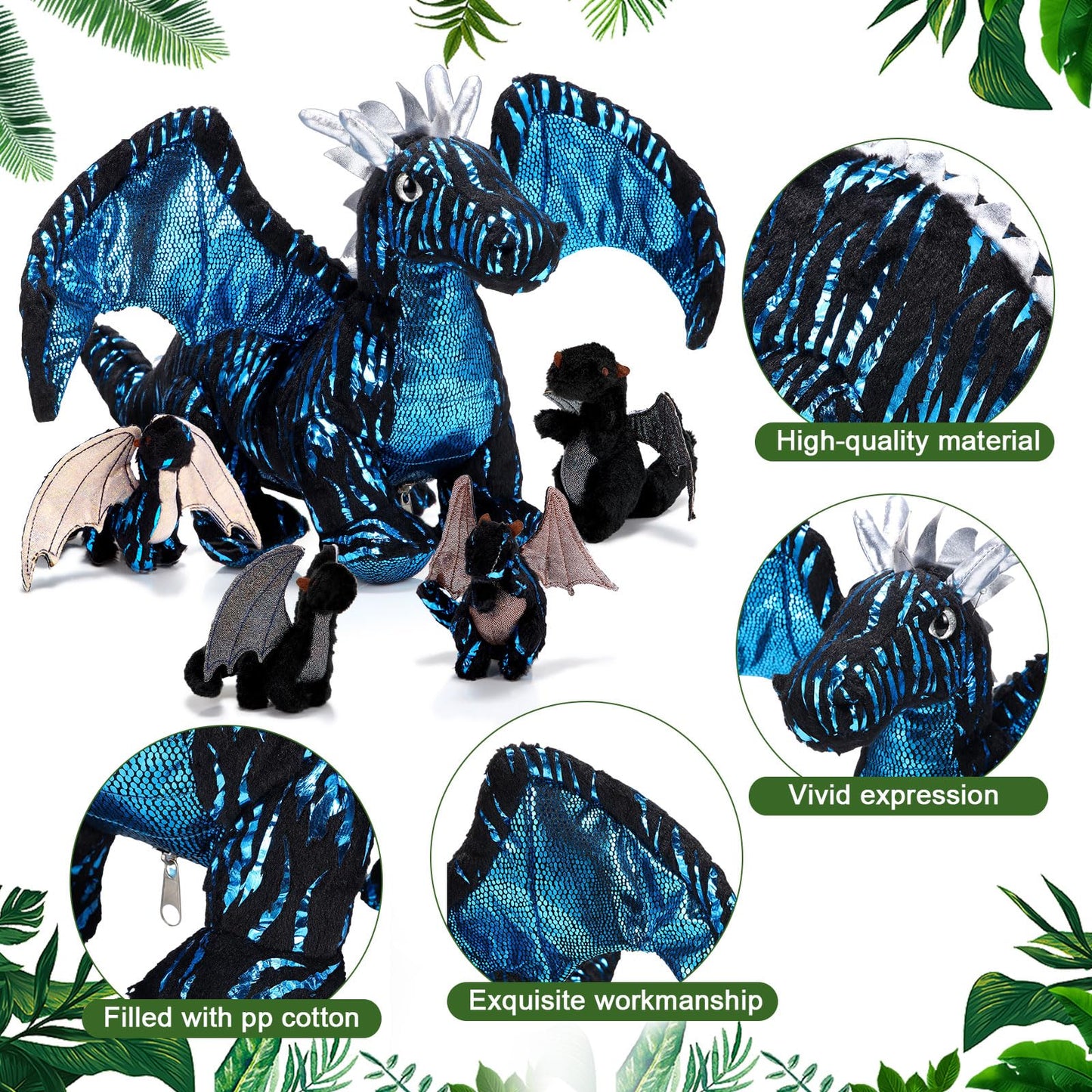 Deekin 7-Pcs Dragon Toy Set – 16-Inch Large Dragon Plush with 4 Babies & 2 Eggs
