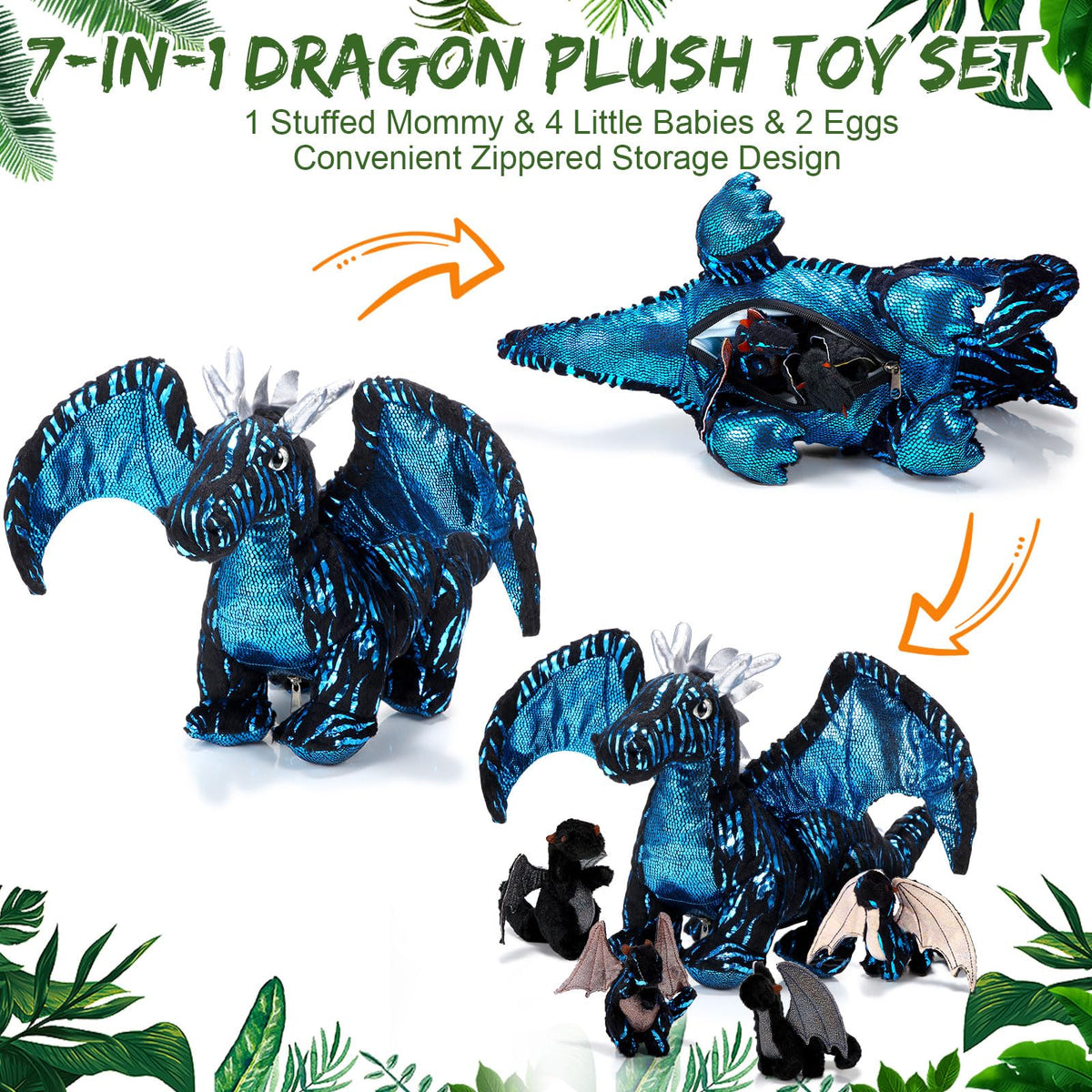 Deekin 7-Pcs Dragon Toy Set – 16-Inch Large Dragon Plush with 4 Babies & 2 Eggs
