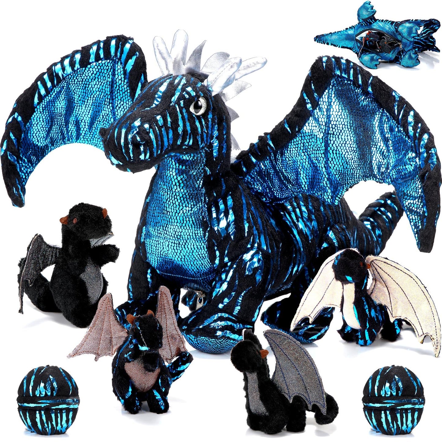 Deekin 7-Pcs Dragon Toy Set – 16-Inch Large Dragon Plush with 4 Babies & 2 Eggs