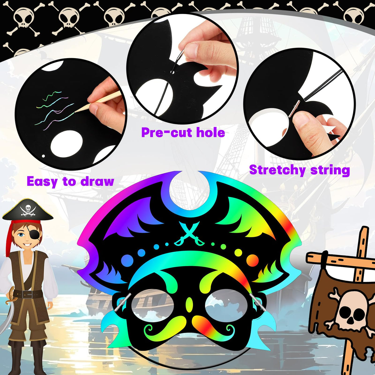 Deekin 60 Pcs Pirate Scratch Masks – Rainbow Reveal Party Favors Gift Set