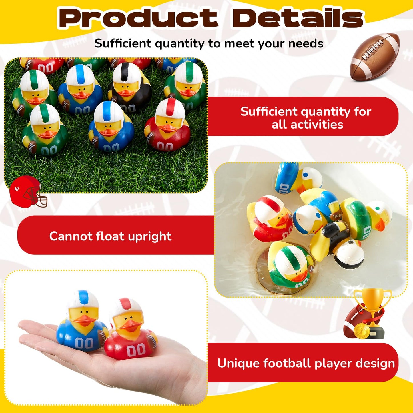 Deekin Football Rubber Ducks 2-Inch Bulk Pack – 24 Football Themed Party Favors & Decor