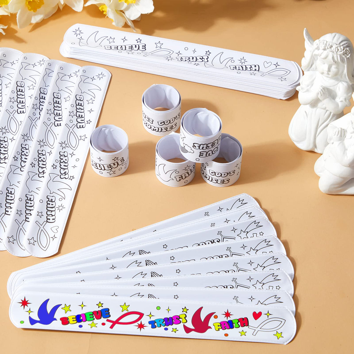 Deekin 72 Pcs Color Your Own Faith Slap Bracelets – Easter Christian Craft Kit