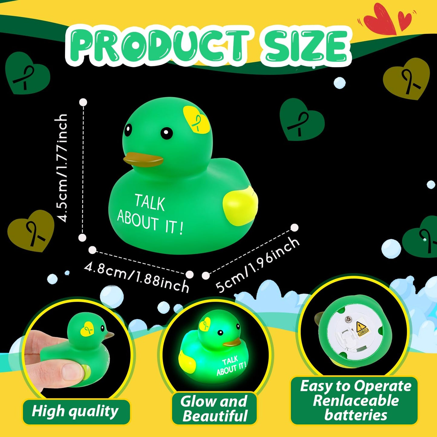 Deekin 100 LED Mental Health Rubber Ducks – 2'' Green Ribbon Glow for Fundraisers