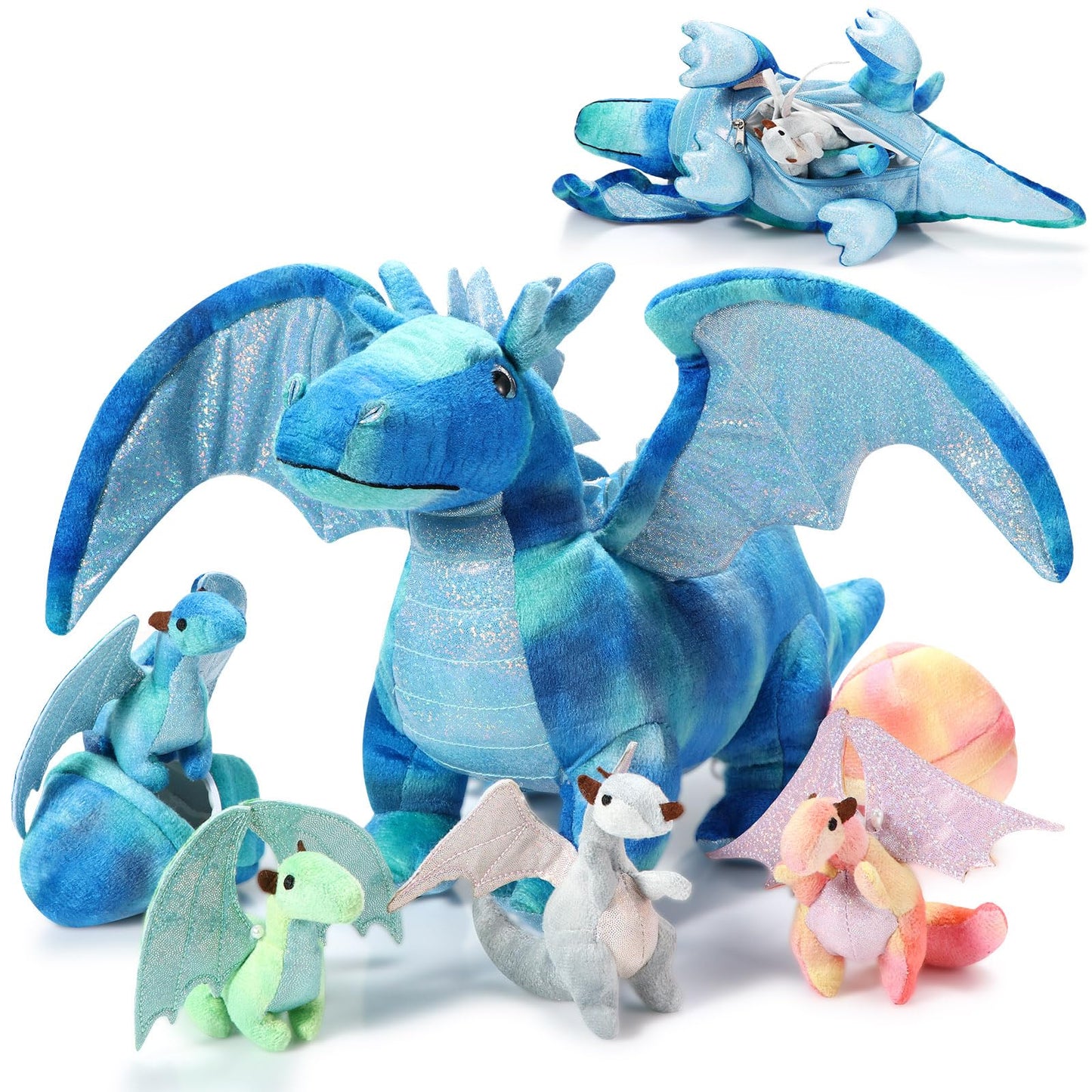 Deekin 7-Piece Dragon Toy Set — 16-Inch Large Dragon Plush with 4 Baby Dragons & 2 Eggs