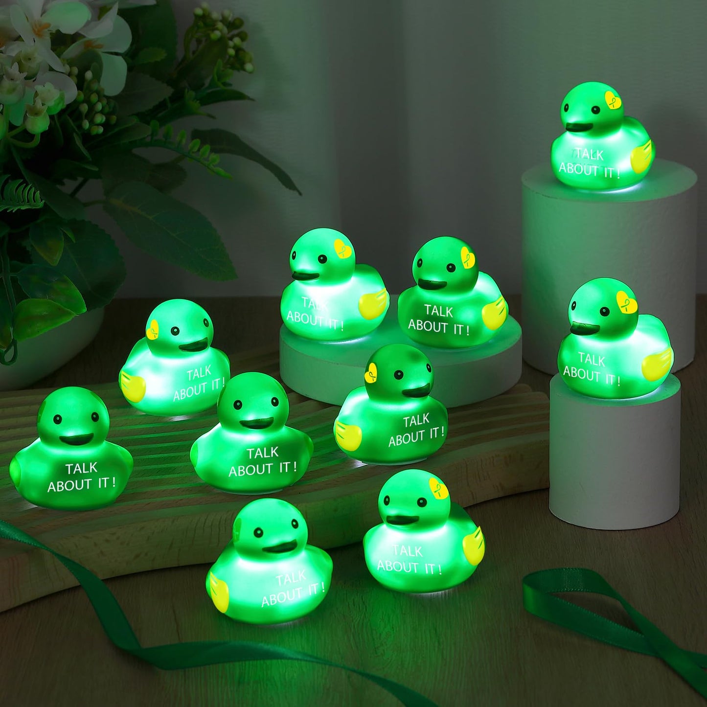 Deekin 100 LED Mental Health Rubber Ducks – 2'' Green Ribbon Glow for Fundraisers