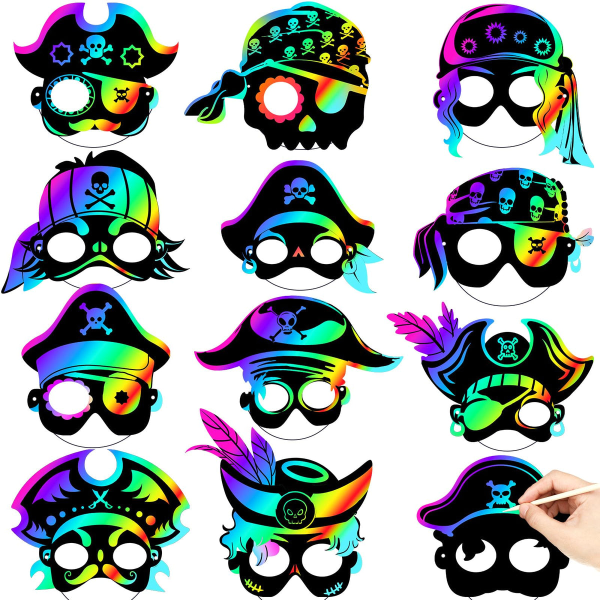 Deekin 60 Pcs Pirate Scratch Masks – Rainbow Reveal Party Favors Gift Set