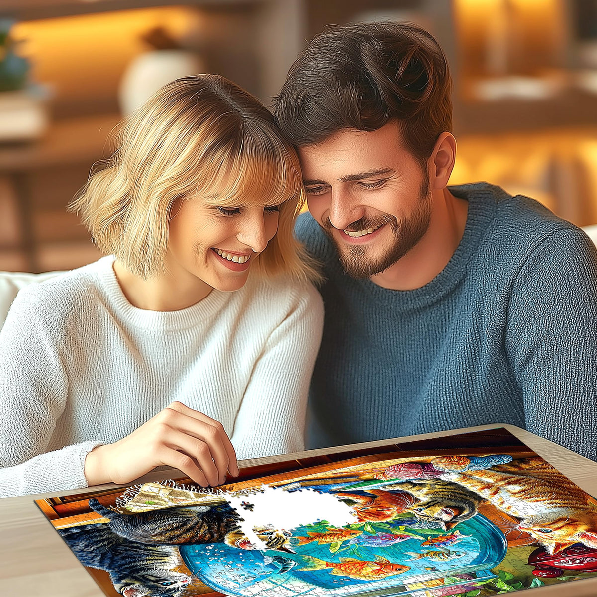 Deepcom Cat Jigsaw Puzzle 1000-Piece – Colorful Kittens & Goldfish Bowl Scene