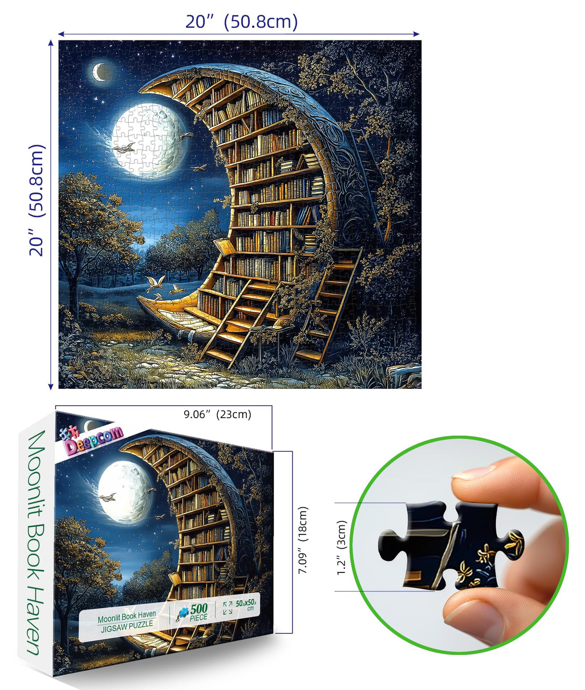 Deepcom Moonlit Book Haven 500-Piece Puzzle – Enchanted Night Library, 20x20 in
