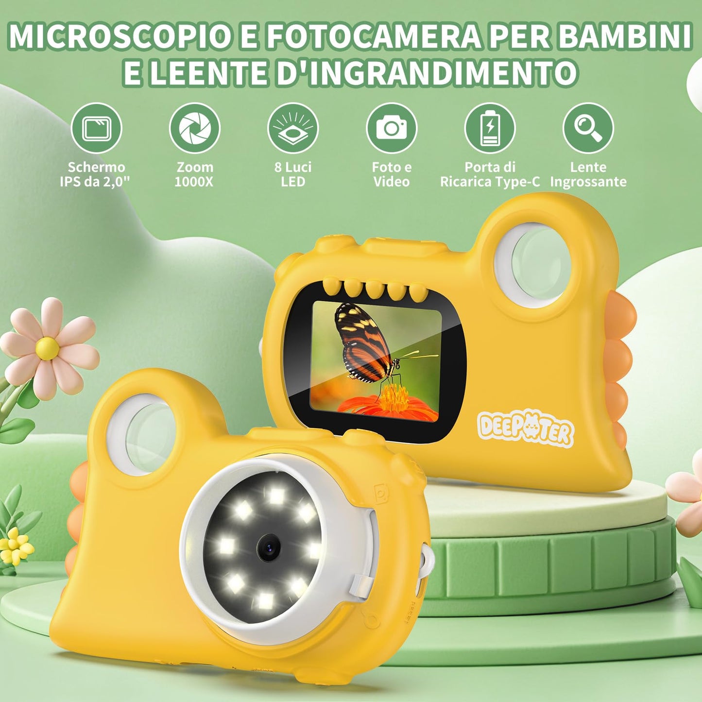 Deepoter 2-in-1 Microscope & Video Camera – 1000x, 2.0-inch Screen, Kids STEM Gift