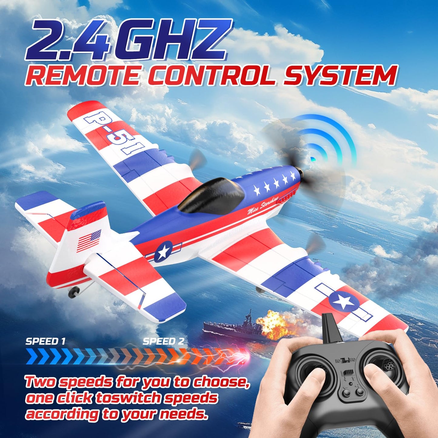 DEERC RC Plane P51D Mustang — 3-Channel, 2 Batteries, Easy to Fly