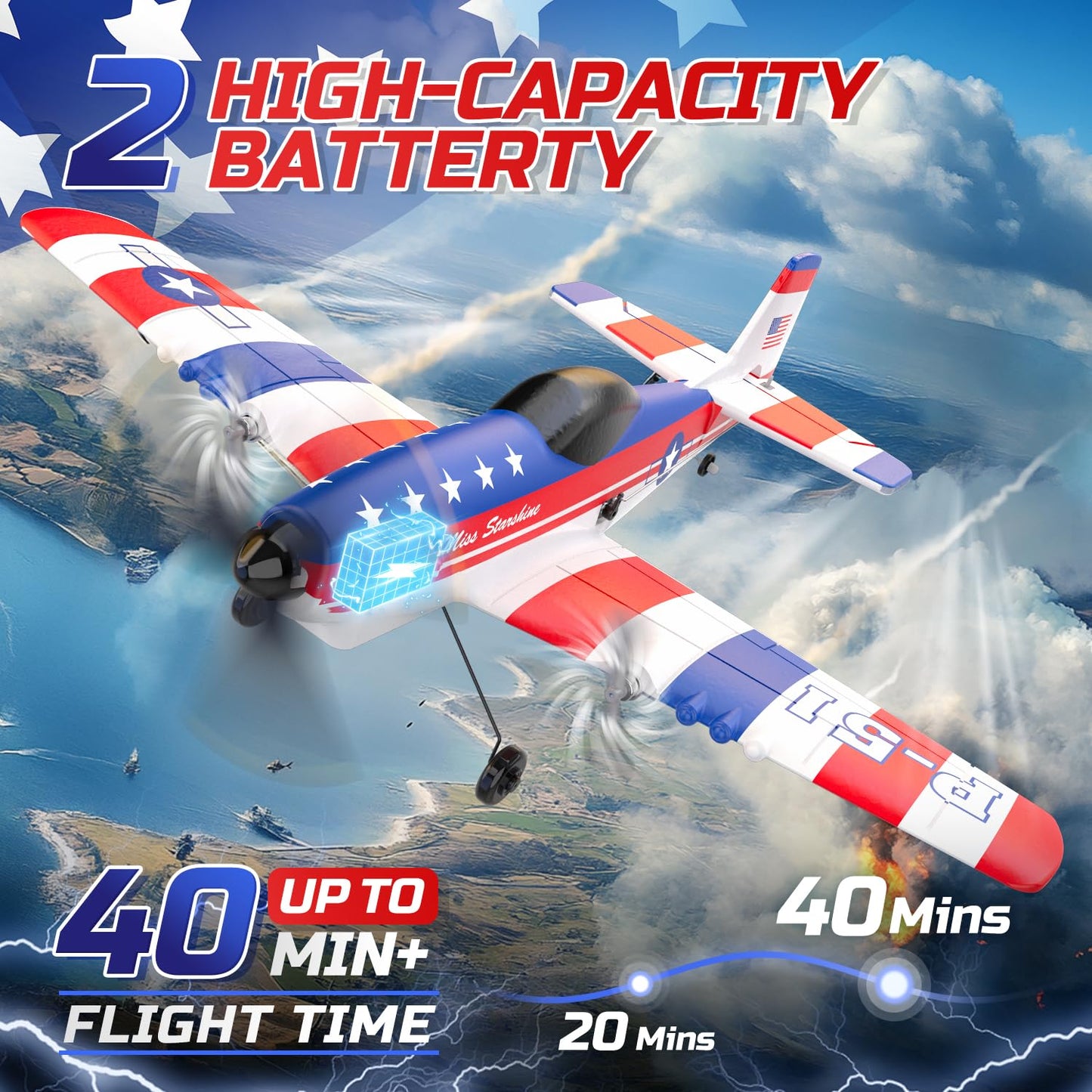 DEERC RC Plane P51D Mustang — 3-Channel, 2 Batteries, Easy to Fly