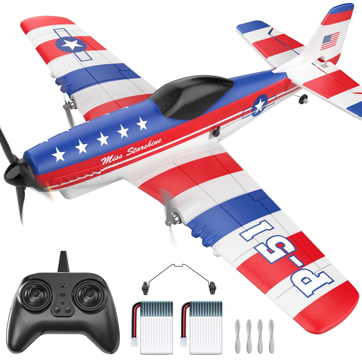 DEERC RC Plane P51D Mustang — 3-Channel, 2 Batteries, Easy to Fly