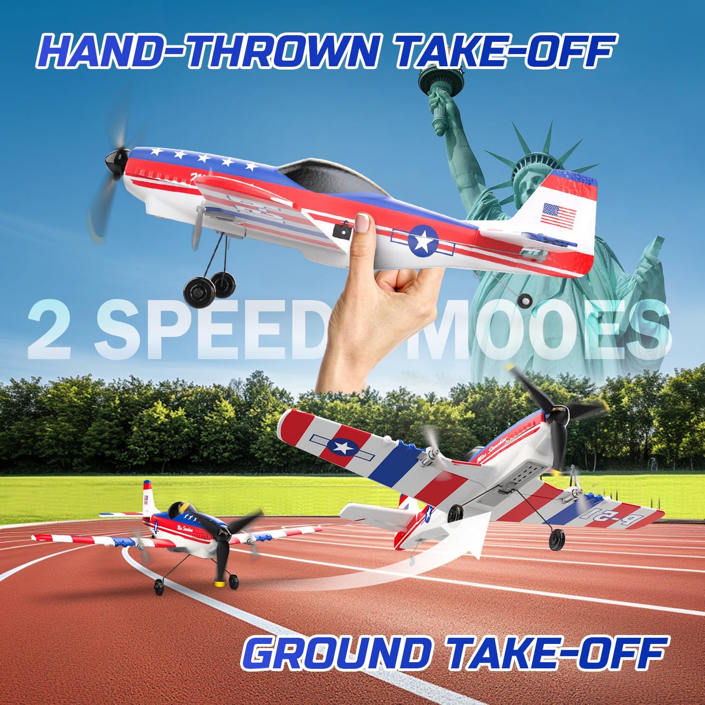 DEERC RC Plane P51D Mustang — 3-Channel, 2 Batteries, Easy to Fly