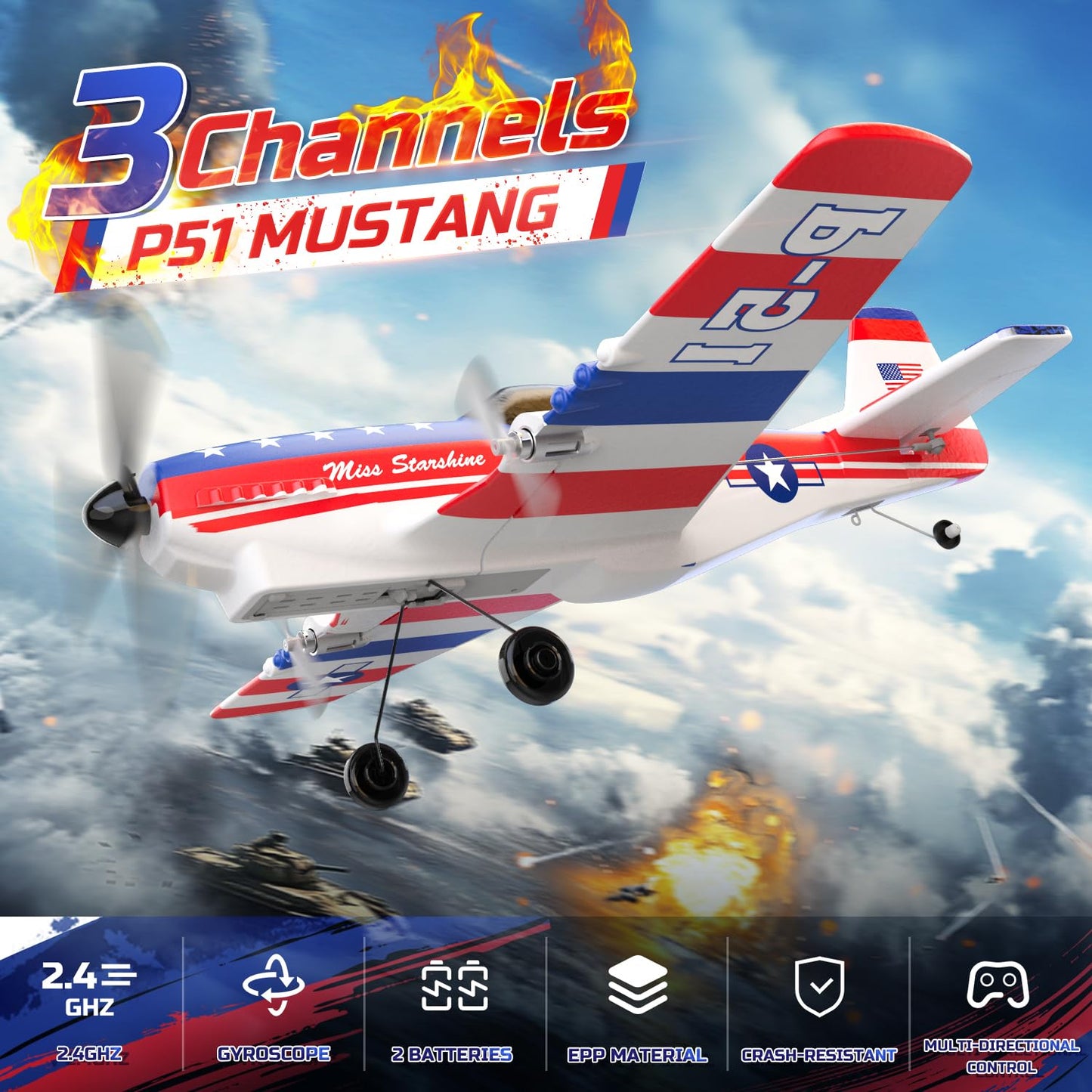 DEERC RC Plane P51D Mustang — 3-Channel, 2 Batteries, Easy to Fly