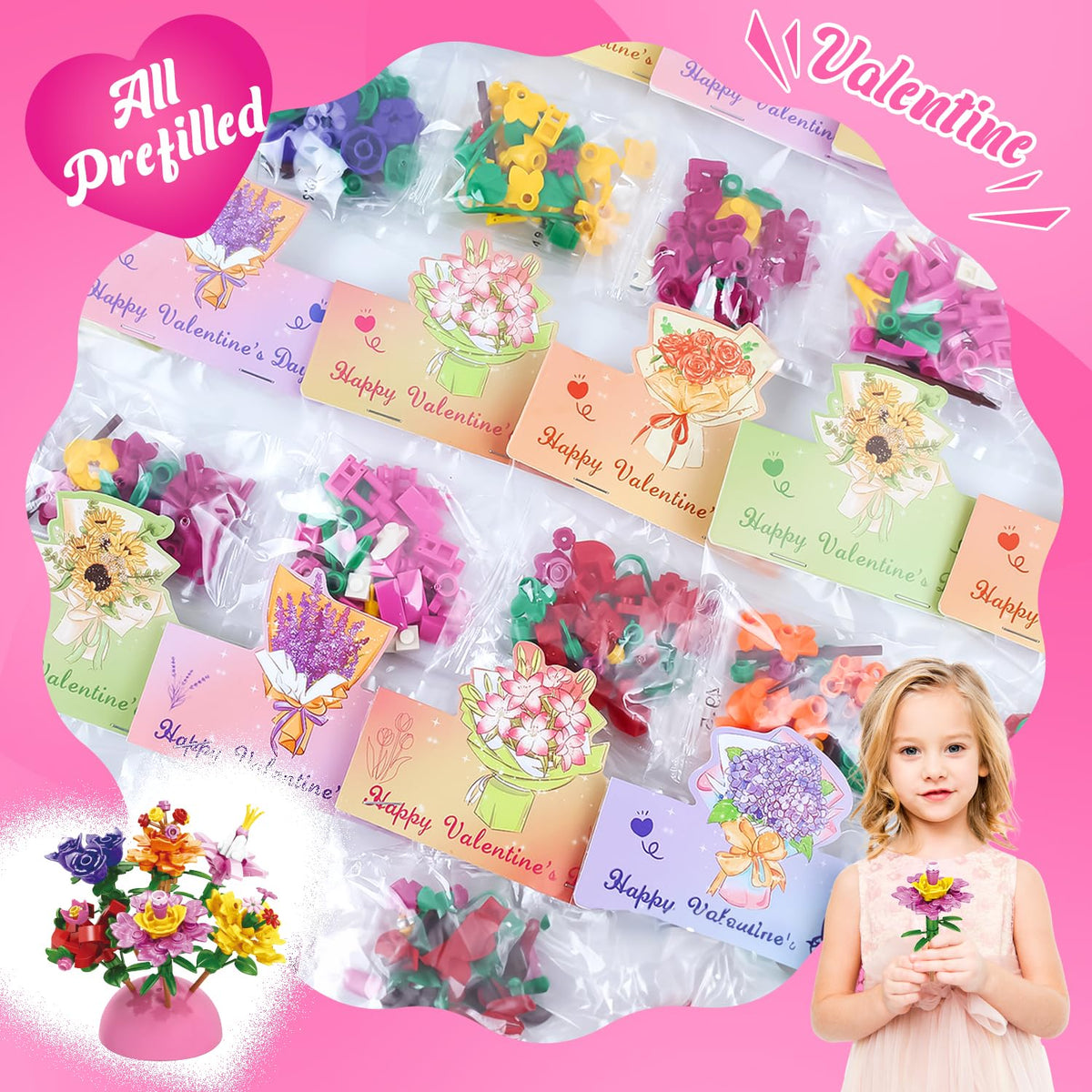 Deerher Valentines Day Gifts for Kids — 24-Pack Flower Block Cards for Classrooms
