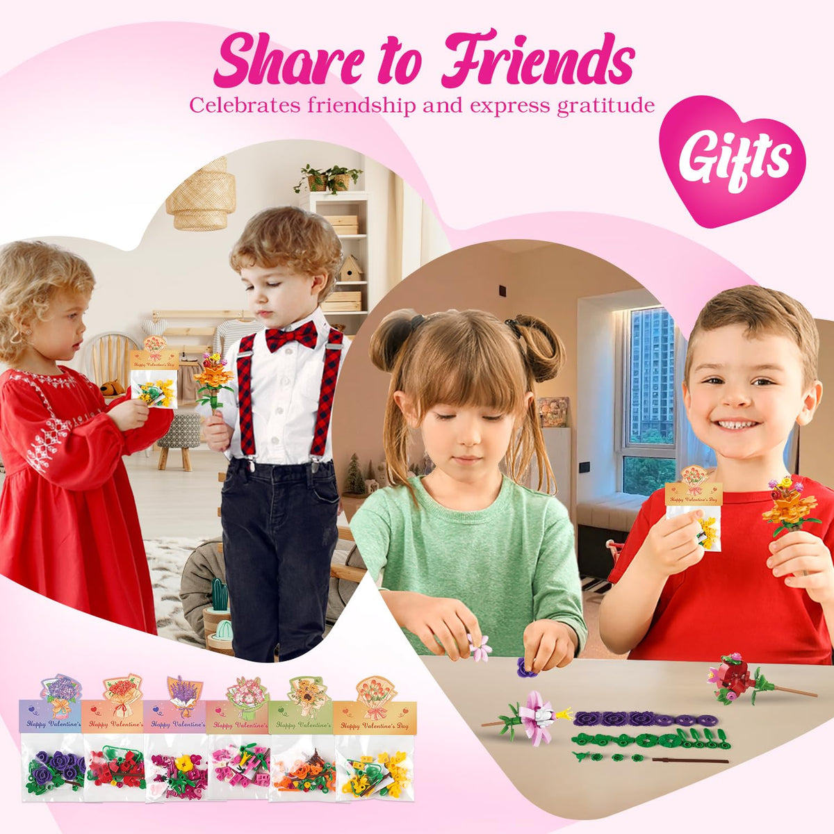 Deerher Valentines Day Gifts for Kids — 24-Pack Flower Block Cards for Classrooms