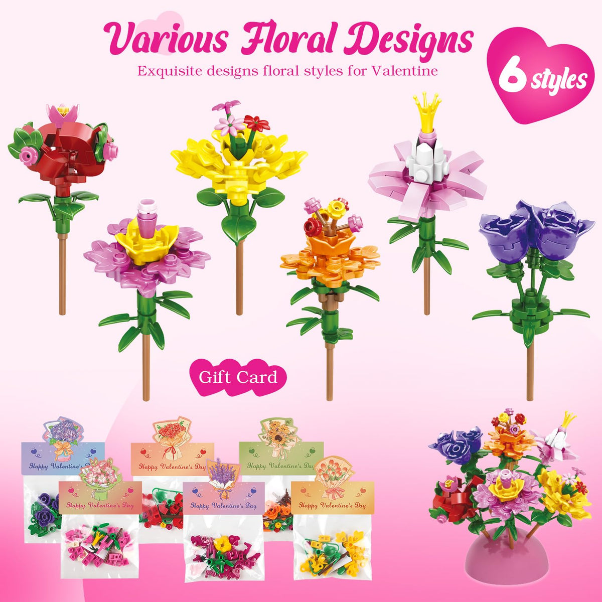 Deerher Valentines Day Gifts for Kids — 24-Pack Flower Block Cards for Classrooms