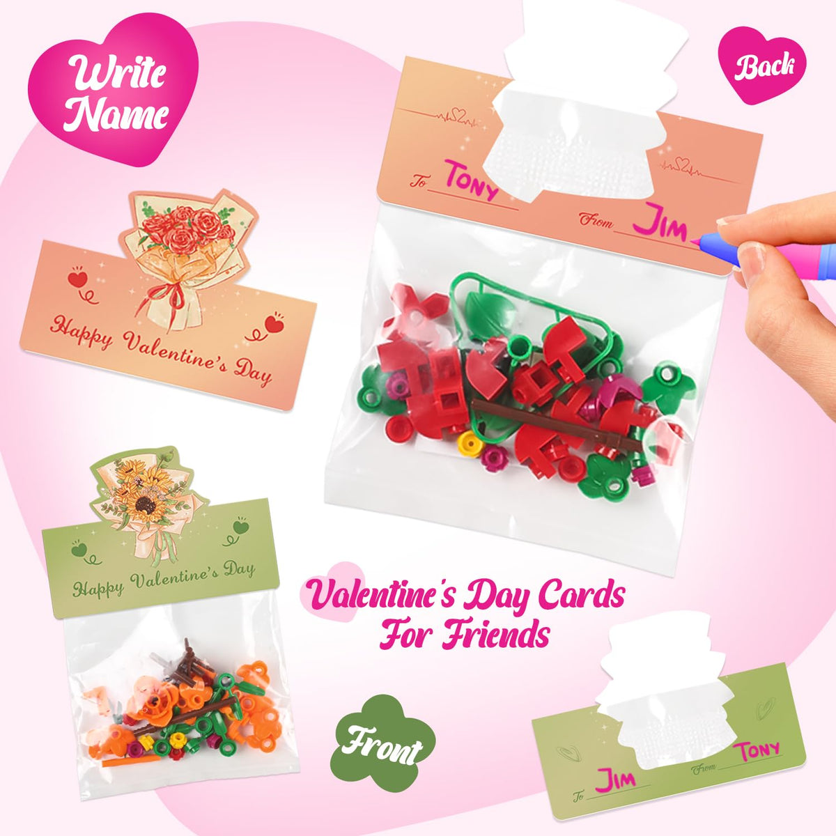 Deerher Valentines Day Gifts for Kids — 24-Pack Flower Block Cards for Classrooms