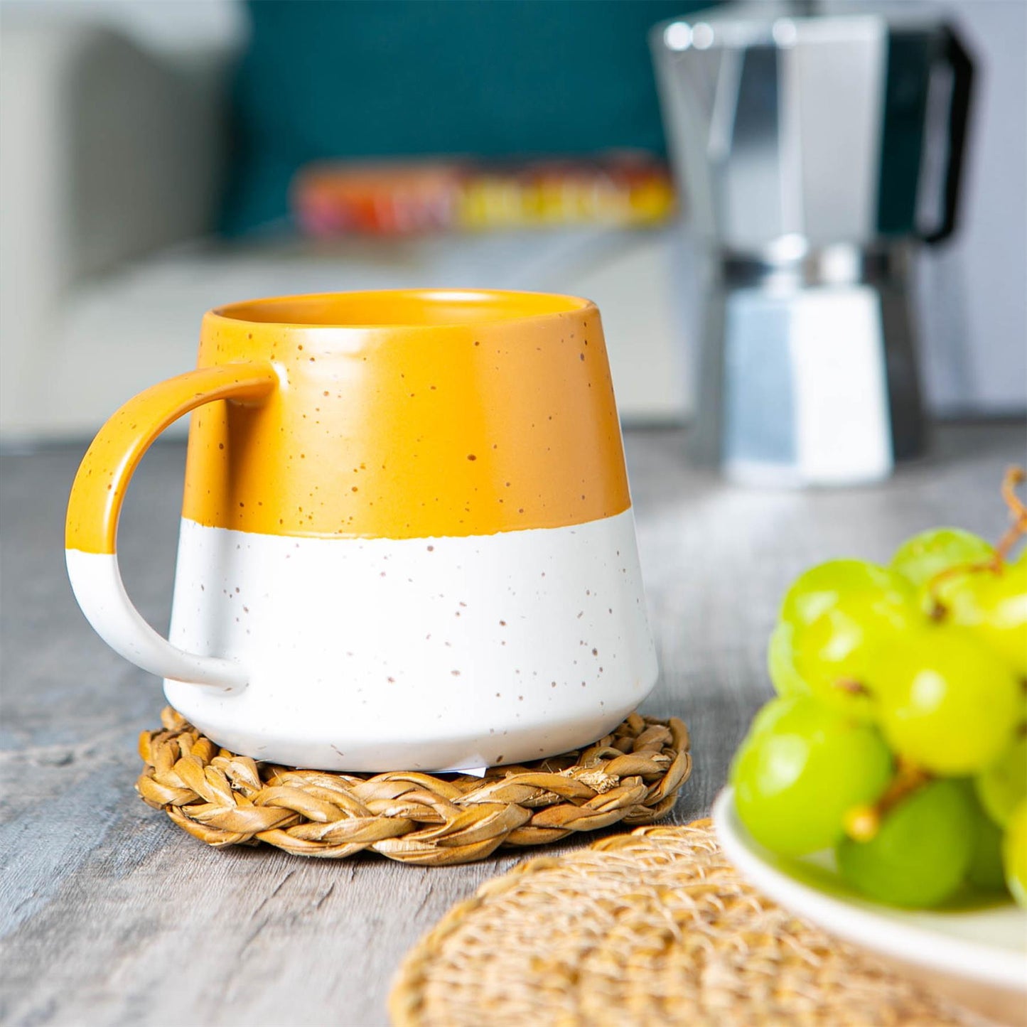 370ml Yellow Colour Block Flecked Stoneware Belly Mug