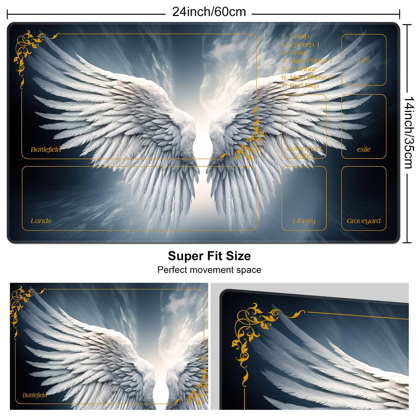 DEGDFSGR MTG Playmat 24x14 in | Non-Slip Rubber Base for TCG & Card Games – Sacred Angel Wing