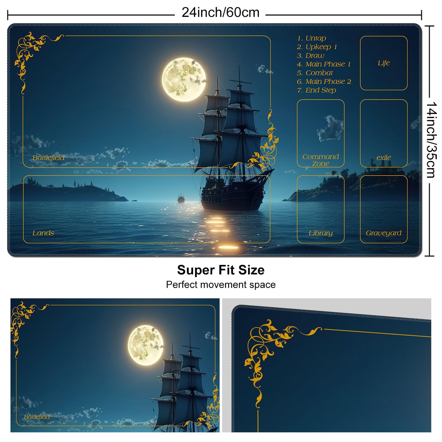 DEGDFSGR MTG Playmat 24 x 14 in – Moon Ship Blue Sea, Non-Slip Rubber Base