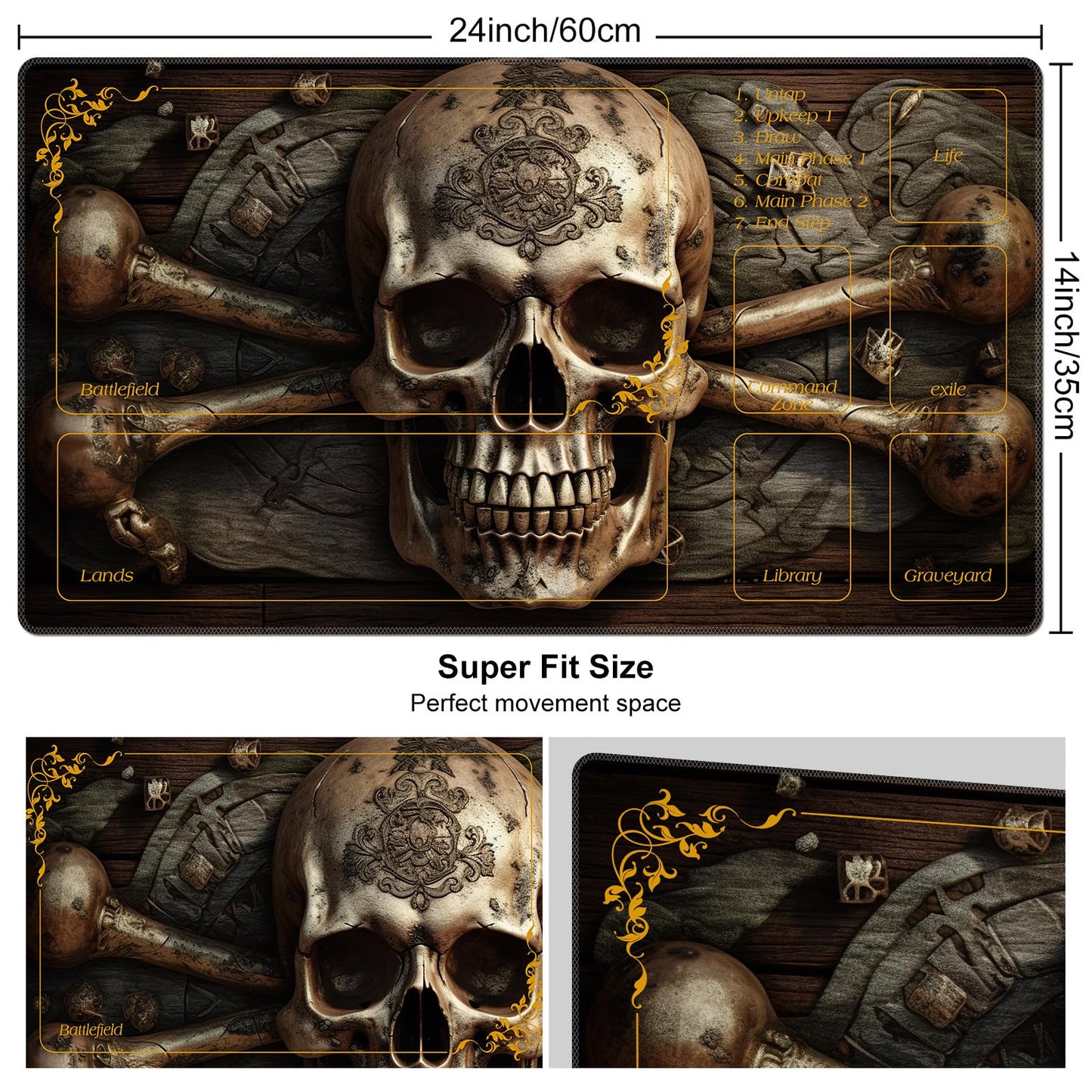 DEGDFSGR MTG Playmat 24x14 in – Non-Slip Rubber Base, Pirate Skull Crossbones