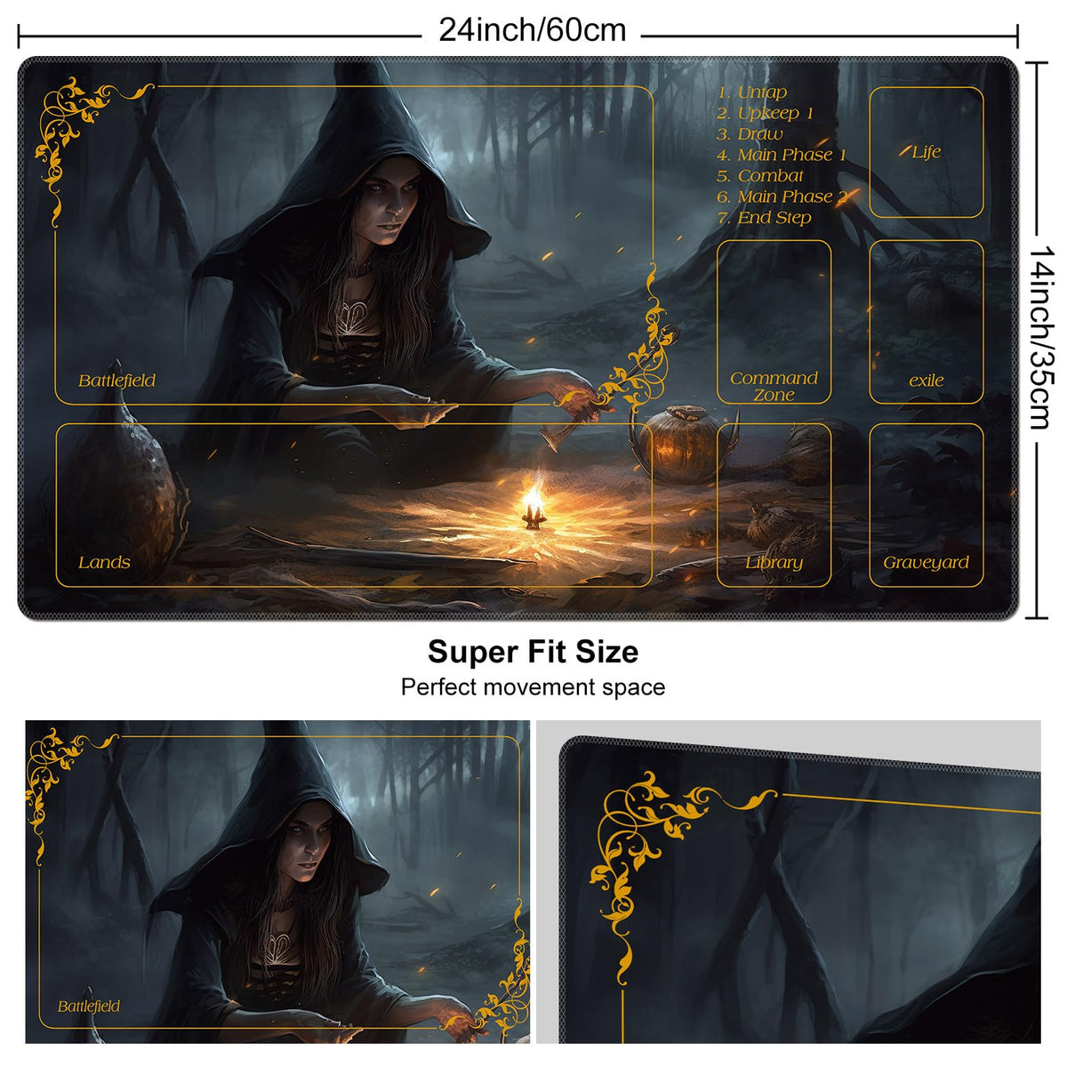 DEGDFSGR MTG Playmat 24 x 14 in — Non-Slip Rubber Base, Dark Forest Design, 2mm Thick for MTG & Card Games