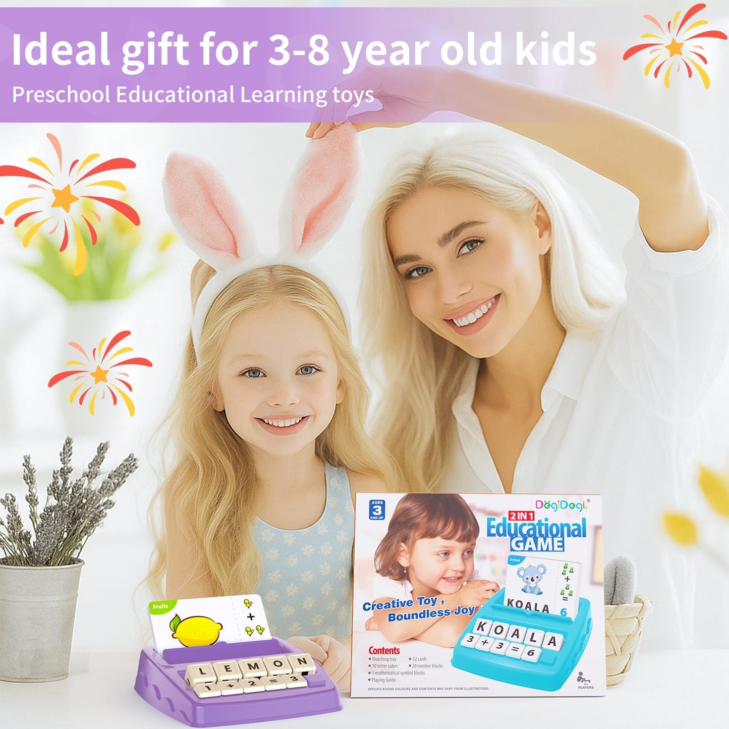 DEGIDEGI Matching Letter Games for Kids 4–8 | 2-in-1 Learning Toy (Purple)