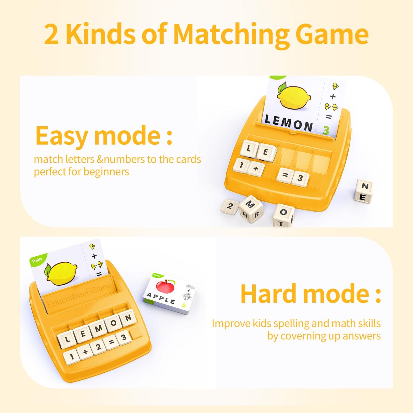 DEGIDEGI Educational Toys for Kids 3-8 | Letter & Math Matching Game – 32 Flashcards, 10 Cubes, 20 Blocks | Yellow