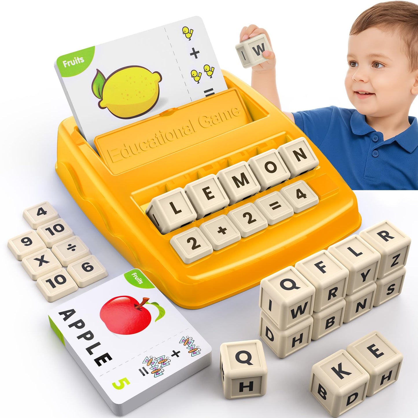 DEGIDEGI Educational Toys for Kids 3-8 | Letter & Math Matching Game – 32 Flashcards, 10 Cubes, 20 Blocks | Yellow