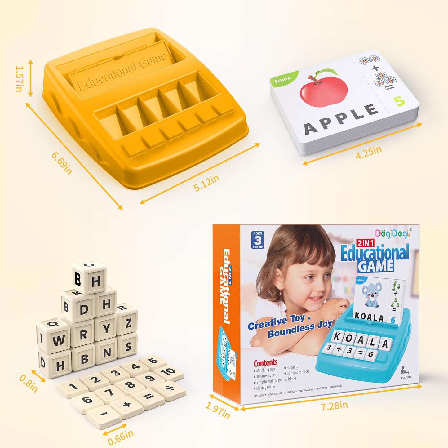 DEGIDEGI Educational Toys for Kids 3-8 | Letter & Math Matching Game – 32 Flashcards, 10 Cubes, 20 Blocks | Yellow