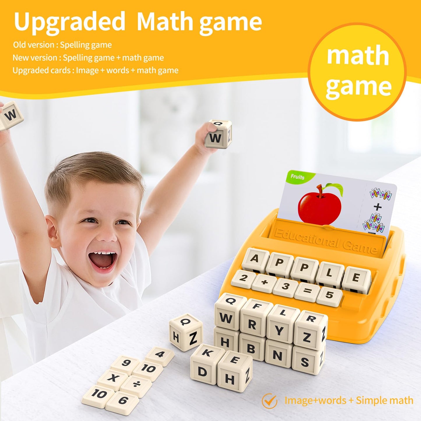 DEGIDEGI Educational Toys for Kids 3-8 | Letter & Math Matching Game – 32 Flashcards, 10 Cubes, 20 Blocks | Yellow