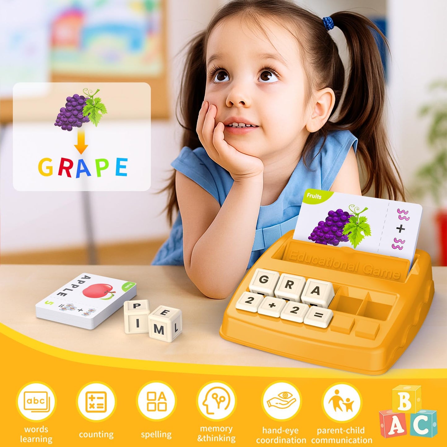 DEGIDEGI Educational Toys for Kids 3-8 | Letter & Math Matching Game – 32 Flashcards, 10 Cubes, 20 Blocks | Yellow