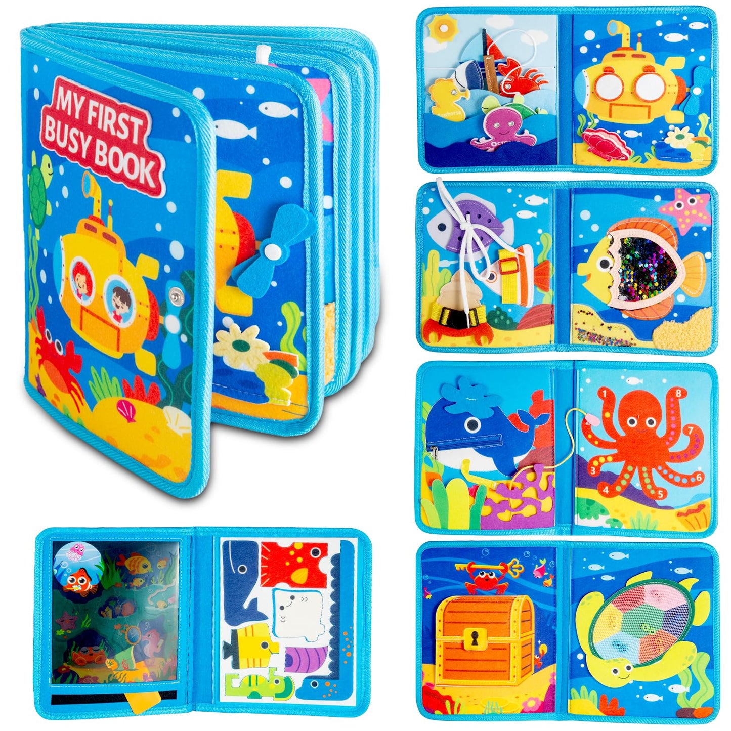 DEGIDEGI Montessori Busy Book for Toddlers — Educational Sensory Activity & Quiet Travel Toy (Deep Blue)