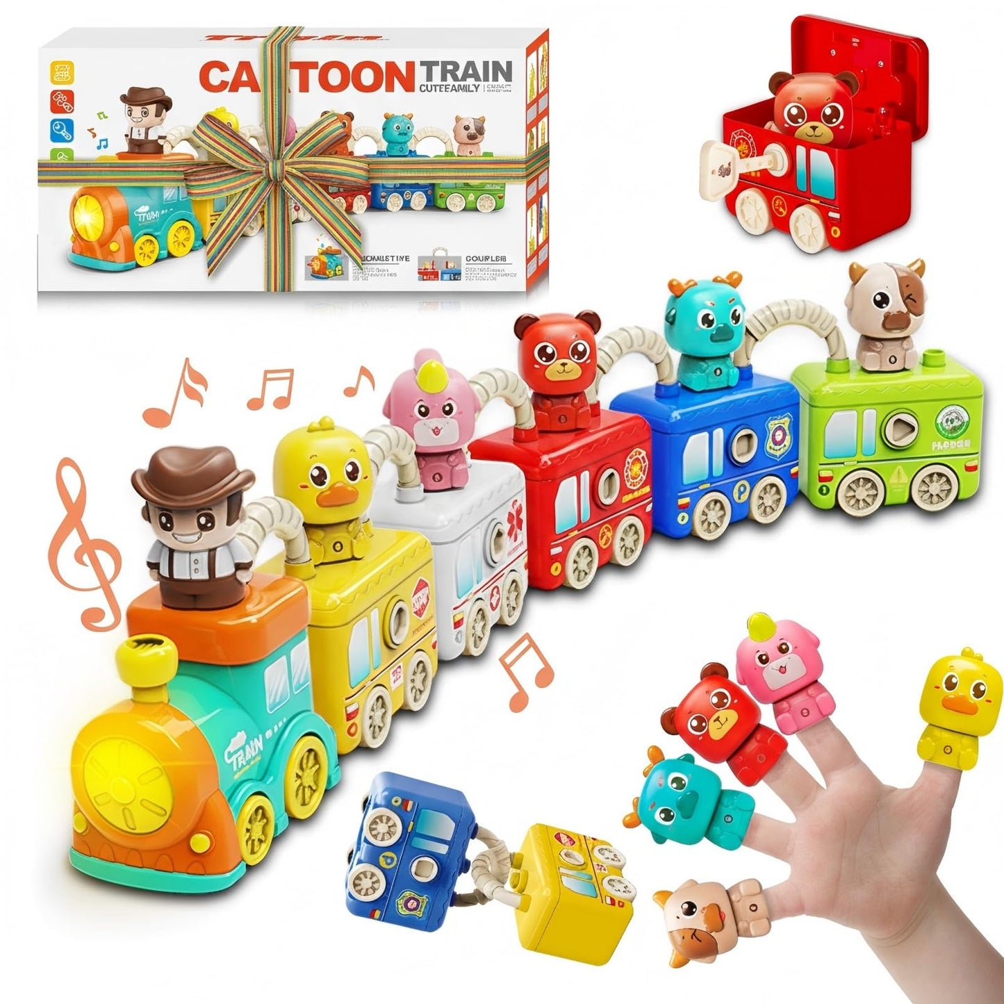 DEGIDEGI Montessori Train Toys for Toddlers – Lights & Sounds, 6 Vehicles, Lock & Key, Animal Puppets